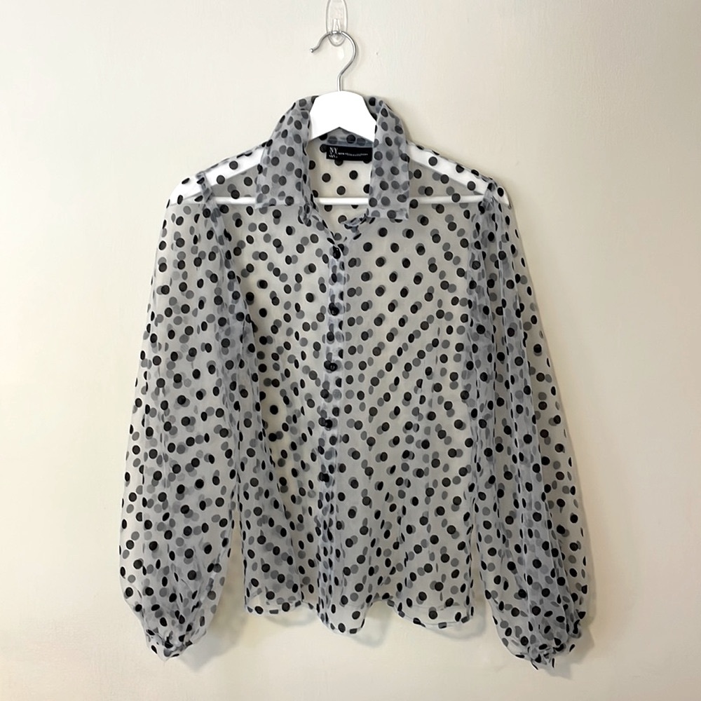 New York & Company Polka Dot Balloon Sleeve Blouse